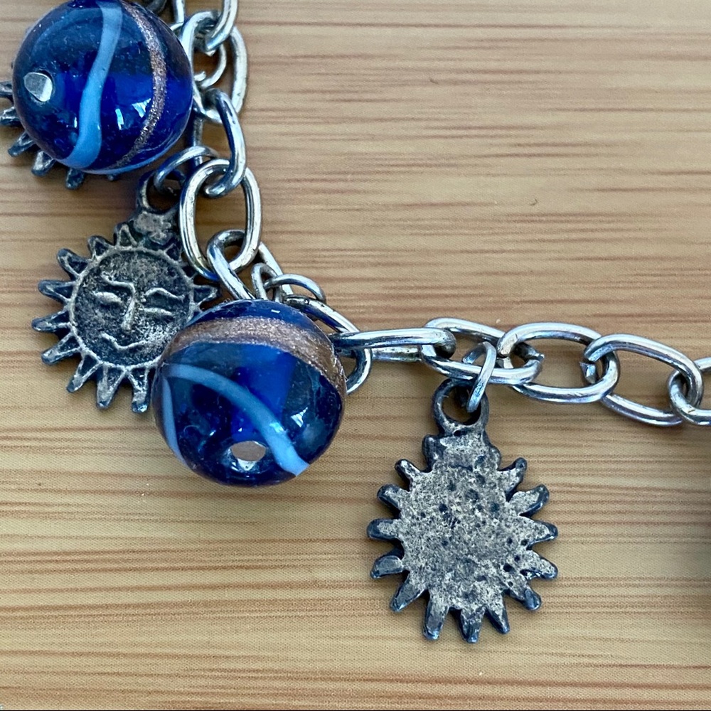 Bohemian Sun Face Celestial Charm Bracelet Blue Swirl Glass Bead Silver Tone - Picture 3 of 4
